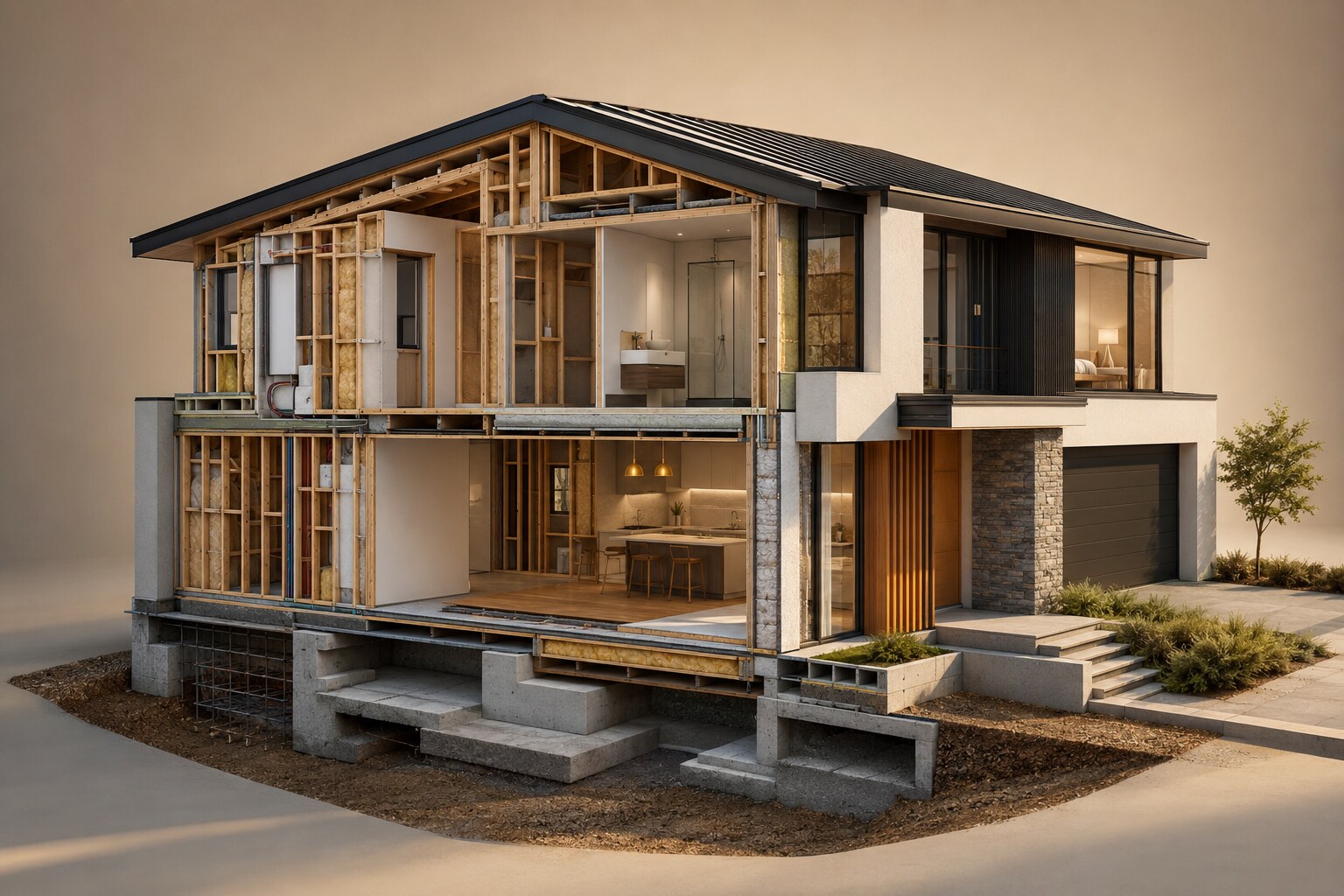 Three-dimensional cutaway showing the construction layers of a modern home