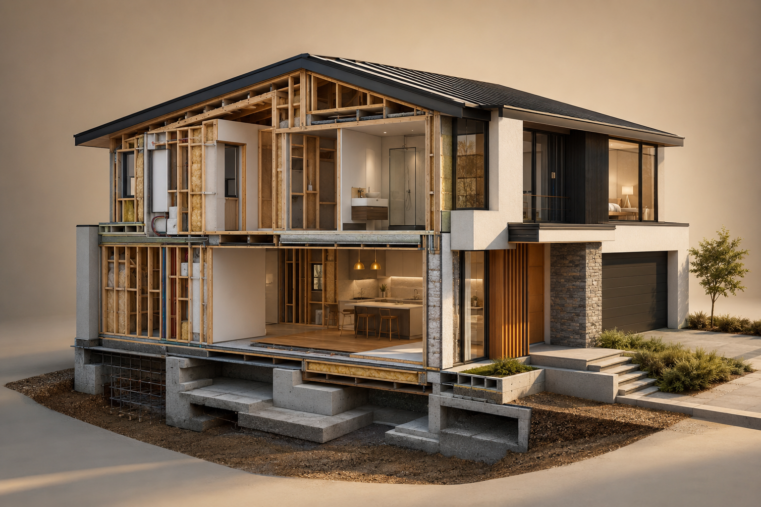 Three-dimensional cutaway showing the construction layers of a modern home