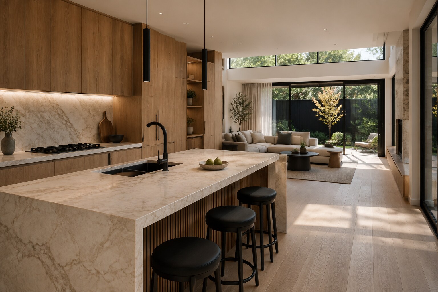 Three-dimensional visualisation of a renovated open-plan kitchen and living space