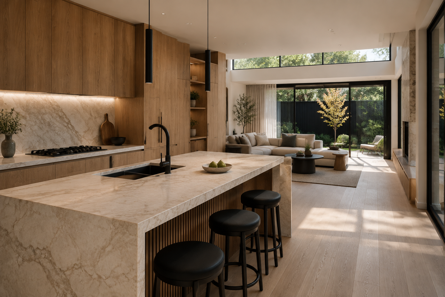 Three-dimensional visualisation of a renovated open-plan kitchen and living space