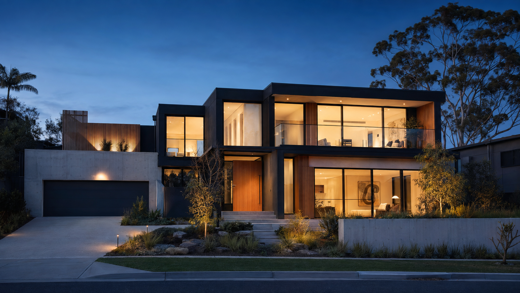 Contemporary two-storey Australian home at blue hour